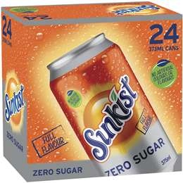 Sunkist Zero Sugar Orange Soft Drink Cans Multipack 375ml X 24 Pack