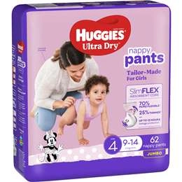 Huggies Ultra Dry Nappy Pants Girls Size 4 (9-14kg) 62 Pack