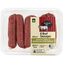 Woolworths 6 Beef Sausage With Roasted Garlic & Parsley 500g