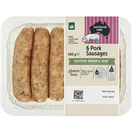 Woolworths 6 Pork Sausage Sautee Onion & Sage 500g