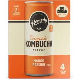 Remedy Organic Kombucha Mango Passion Cans 250ml X 4 Pack