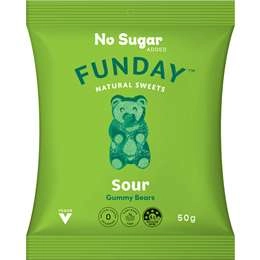 Funday Natural Sweetsno Sugar Added Vegan Lollies Sour Gummy Bears 50g