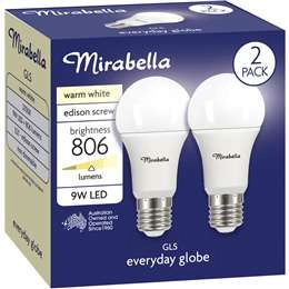 Mirabella Led Gls Edison Screw 9w 806lm Warm White Light Globe 2 Pack