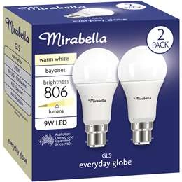 Mirabella Led Gls Bayonet Cap 9w 806lm Warm  White Light Globe 2 Pack