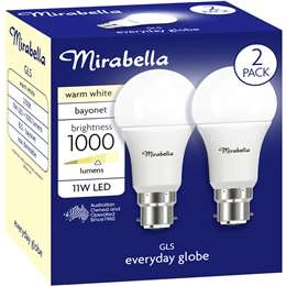 Mirabella Led Gls Bc 11w 1000lm Warm White 2 Pack