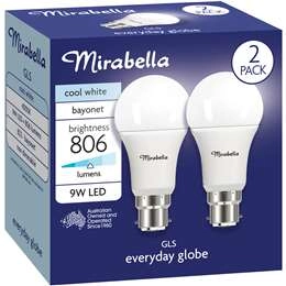 Mirabella Led Gls Bayonet Cap 9w 806lm Cool White 2 Pack