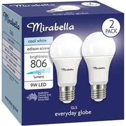 Mirabella Led Gls Edison Screw 9w 806lm Cool White Globe 2 Pack