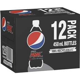 Pepsi Max No Sugar Cola Soft Drink Bottles Multipack 450ml X 12 Pack