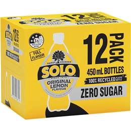 Solo Zero Sugar Original Lemon Soft Drink Bottles Multipack 450ml X 12 Pack