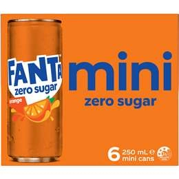 Fanta Orange Zero Sugar Soft Drink Mini Cans 250ml X 6 Pack