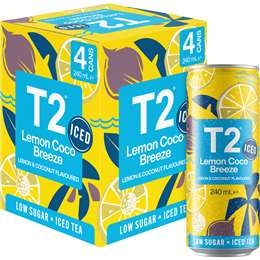 T2 Tea Iced Tea Lemon Coco Breeze Low Sugar Ice Tea Multipack Cans 240ml X 4 Pack