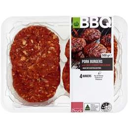 Woolworths Bbq Sweet & Smokey Pork Burgers 4 Pack