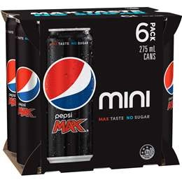 Pepsi Max No Sugar Cola Soft Drink Mini Cans Multipack 275ml X 6 Pack