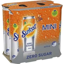 Sunkist Zero Sugar Orange Soft Drink Mini Cans Multipack Sugar Free 275ml X 6 Pack