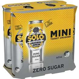 Solo Zero Sugar Original Lemon Soft Drink Mini Cans Multipack 275ml X 6 Pack