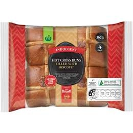 Woolworths Indulgent Hot Cross Buns Filled With Biscoff 4 Pack 360g