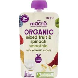 Macro Organic Baby Food Mixed Fruit Spinach Smoothie With Yoghurt & Oats 120g