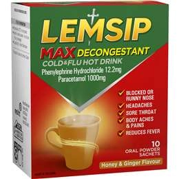 Lemsip Max Cold & Flu Decongestant Hot Drink Honey And Ginger 10 Pack