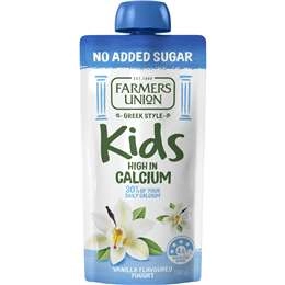 Farmers Union Greek Style Kids Yoghurt Pouch Vanilla No Added Sugar 130g