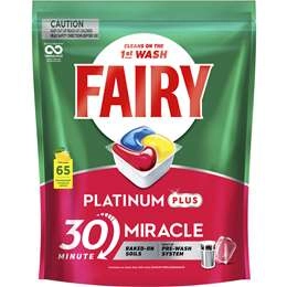 Fairy Platinum Plus 30 Minute Miracle Dishwasher Capsules 65 Pack