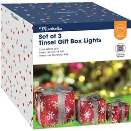 Mirabella Christmas Set Of 3 Tinsel Gift Box Lights Battery Operated Each