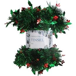 Christmas Tinsel Green Holly 4m  Each