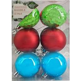 Christmas Traditional Baubles Red Green Blue 12 Pack