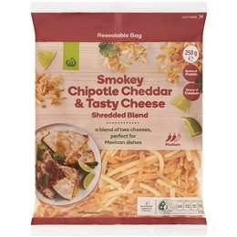 Woolworths Smokey Chipotle Cheddar & Tasty Cheese Shredded Blend 250g