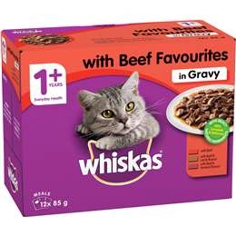 Whiskas 1+ Years Wet Cat Food Favourites Beef In Gravy Pouch 85g X12 Pack