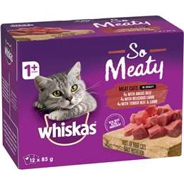 Whiskas So Meaty 1+ Years Wet Cat Food Meat Cuts In Gravy 85g X 12 Pack