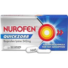 Nurofen Quickzorb Fast Pain Relief Caplets Ibuprofen Lysine 342mg 24 Pack