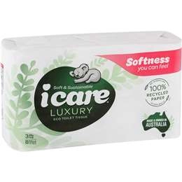 Icare 100% Recycled Toilet Tissue White 3 Ply 8 Pack