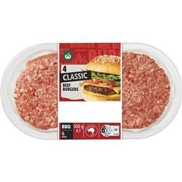 Woolworths 4 Classic Beef Burgers  500g