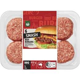 Woolworths 6 Smash Beef Burgers  450g