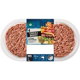 Woolworths 4 Chuck & Brisket Quarter Pound Beef Burgers 454g