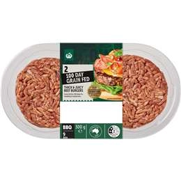 Woolworths 2 100 Day Grain Fed Thick & Juicy Beef Burgers 300g