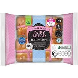 Woolworths Indulgent Fairy Bread Hot Cross Buns 4 Pack