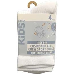 For Kids Full Crew Sports Socks Size 5-8 4 Pack