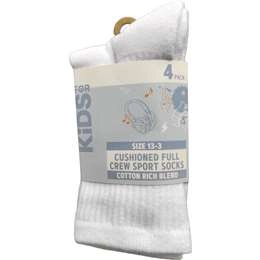 For Kids Full Crew Cushioned Sports Socks Size 13-3 4 Pack