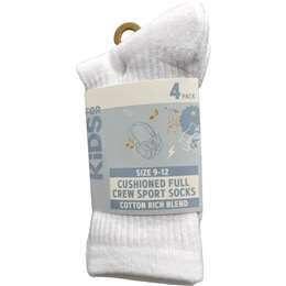 For Kids Full Crew Cushioned Sports Socks Size 9-12 4 Pack