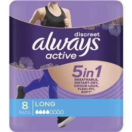 Always Discreet Active 5 In 1 Pads Long  8 Pack