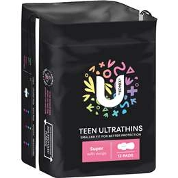 U By Kotex Teen Ultrathins Pads Super With Wings 12 Pack