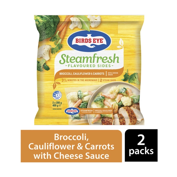 Birds Eye Frozen SteamFresh Broccoli Cauliflower & Carrots With Cheese Sauce 2 Pack 400g