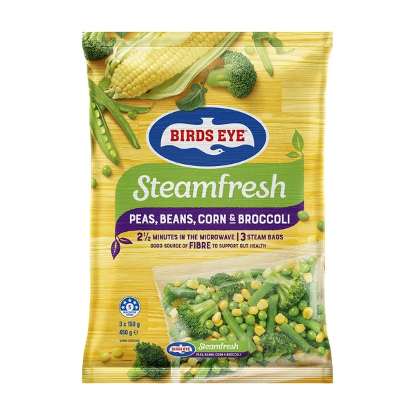 Birds Eye Frozen Steam Fresh Peas Beans Corn & Broccoli Mix 3 pack 450g