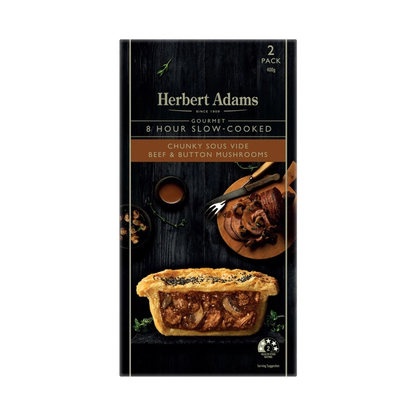 Herbert Adams Frozen Gourmet Chunky Sous Vide Beef & Button Mushroom Pies 2 pack 400g