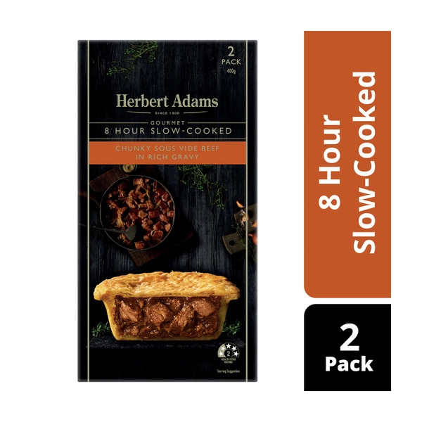 Herbert Adams Frozen Gourmet Chunky Sous Vide Beef In Rich Gravy Pies 2 pack 400g