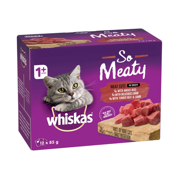 Whiskas Adult 1+ Years So Meaty Wet Cat Food with Meat Cuts In Gravy 12x85g Pouch 12 pack