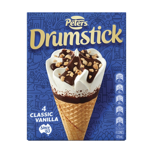 Peters Drumstick Classic PETERS DRUMSTICK CLASSIC VANILLA CONES 4 PACK 475 ML 