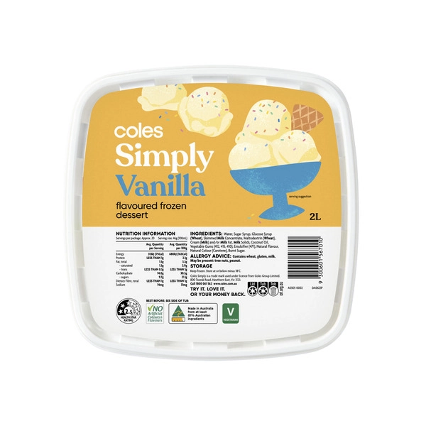 Coles Simply Vanilla Flavoured Frozen Dessert 2L