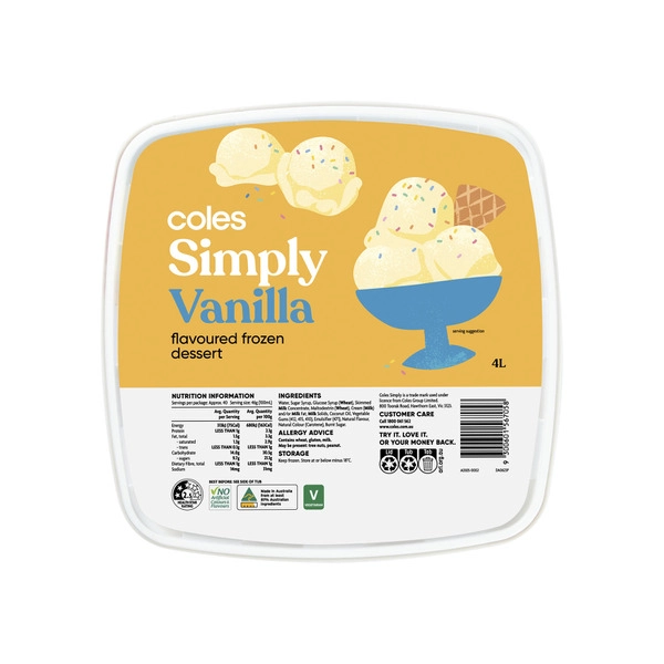 Coles Simply Vanilla Flavoured Frozen Dessert 4L